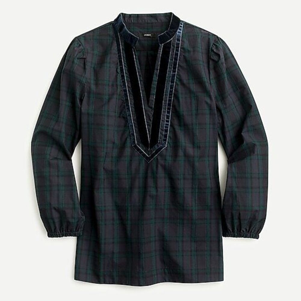 New J Crew Womens Velvet Trimmed V-Neck Tunic Top in Black Watch Tartan Size XS